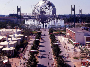 The 1964 World Fair in New York had a futuristic look and feel. Dominated by a 12-story high stainless-steel model of the earth called the Unisphere, the fair was a showcase of mid-century American culture and technology, including many pavilions in a Mid-Century modern style.