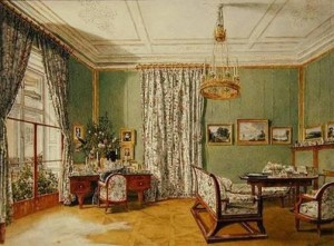 “A Lady at Her Writing Desk in a Biedermeier Room” by Jakob Alt (1821). This painting is all about the interior, with the human figure all but invisible.