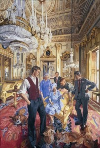 John Wonnacott’s 2000 painting, “The Royal Family: A Centenary Portrait,” shows Britain’s royal family in a rather informal mode set against the interior grandeur of Buckingham Palace.
